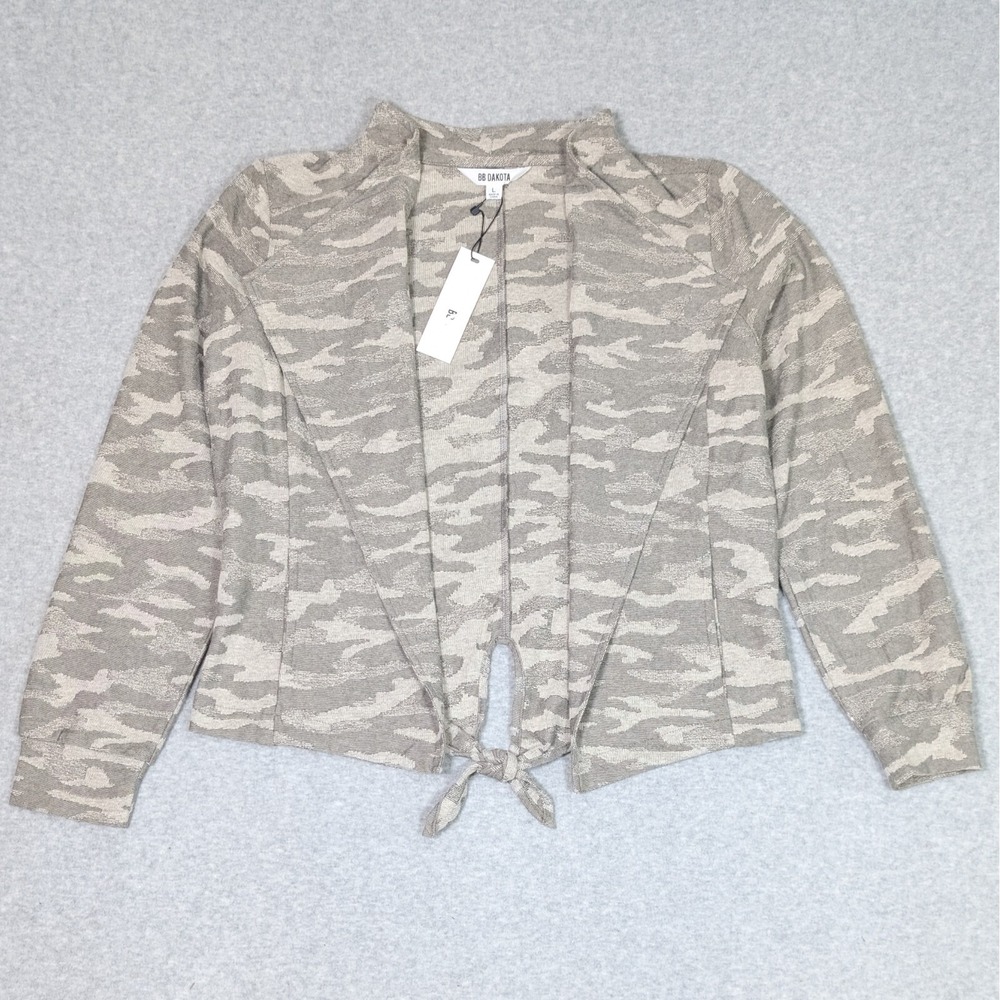 BB Dakota Now You See Me Camo Jacket Women's Size Large Draped Tie Back New